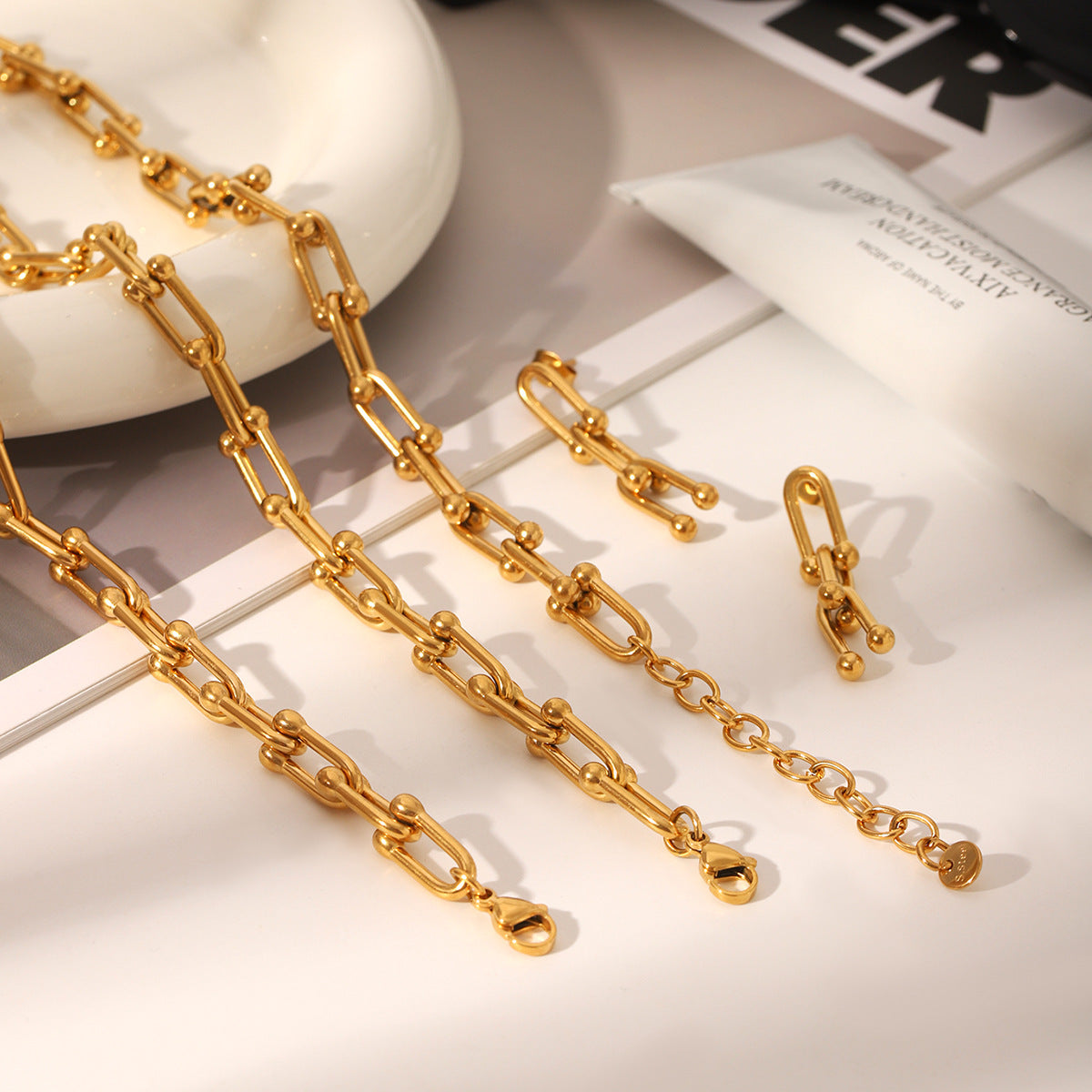 Stainless Steel Necklace Horseshoe Chain Bracelet Earrings