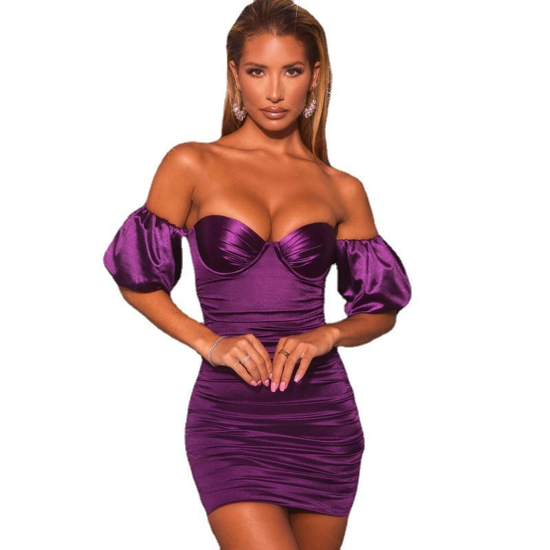 New Product Tube Top Card Shoulder Puff Sleeve Slim Purple Pleated Sexy