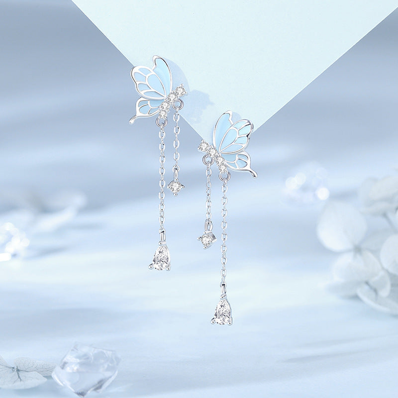 Luminous Dancing Butterfly Tassel S925 Sterling Silver Stud Earrings Minority Fashion Long