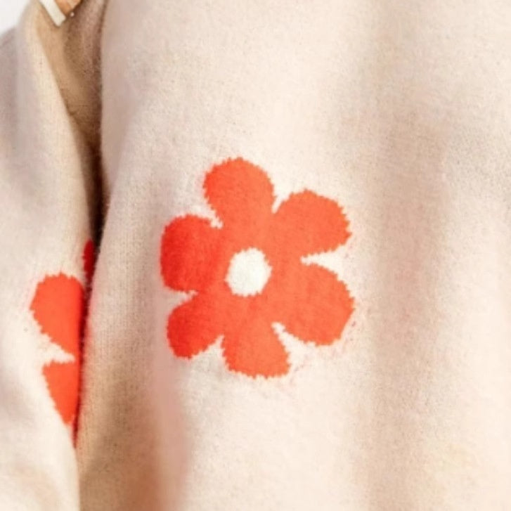 Flower Jacquard Contrast Color Elegant Autumn Knitted