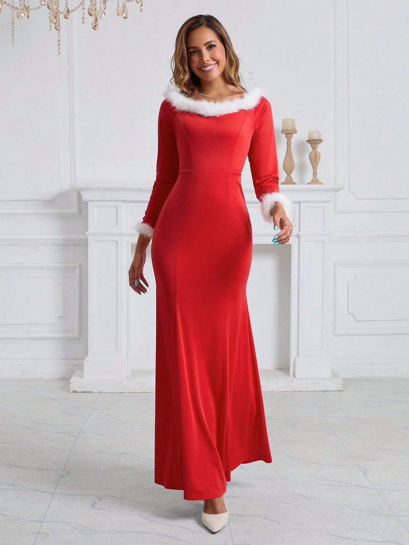 European And American Autumn And Winter New Christmas Evening Dress Plush Slim Fit Patchwork Dress