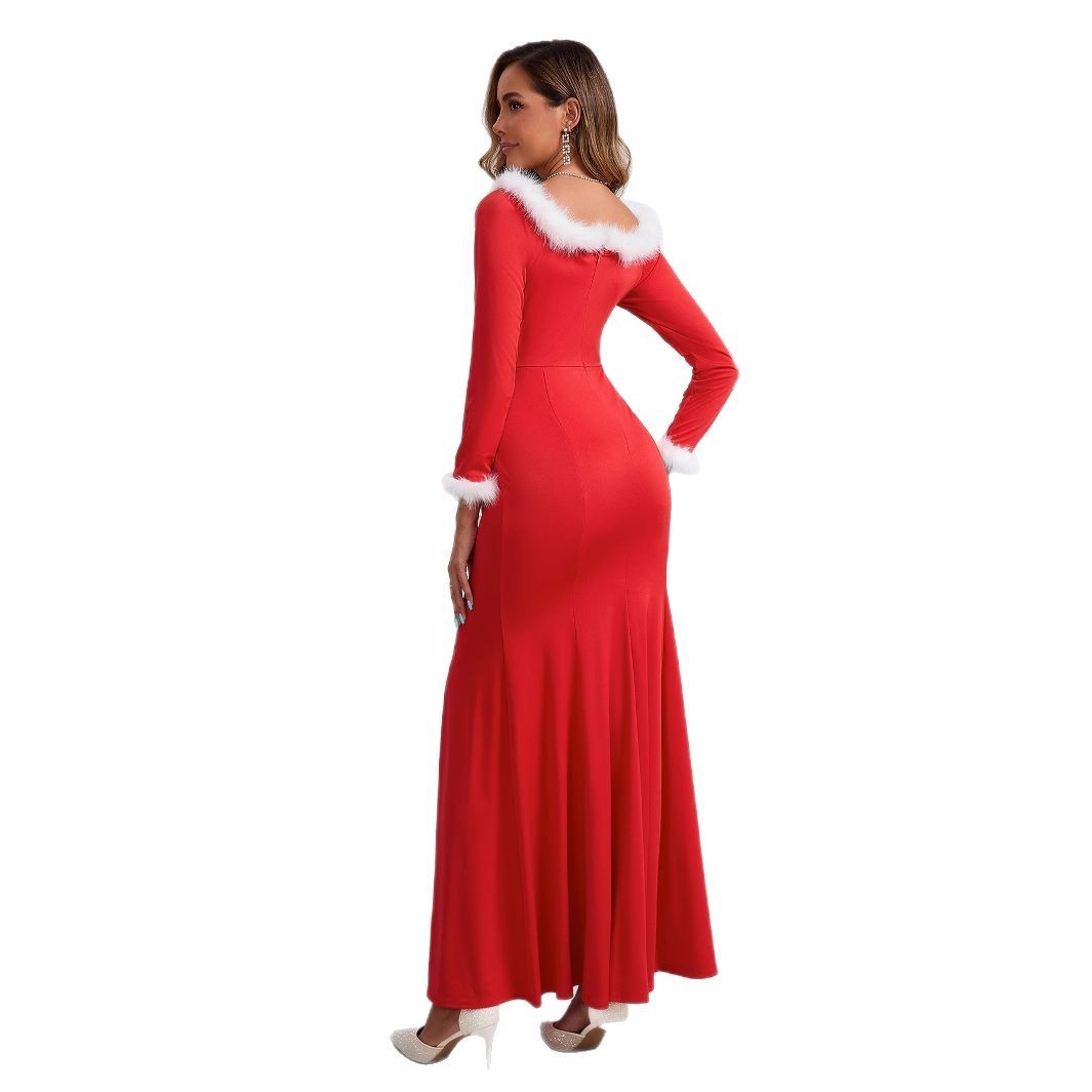European And American Autumn And Winter New Christmas Evening Dress Plush Slim Fit Patchwork Dress