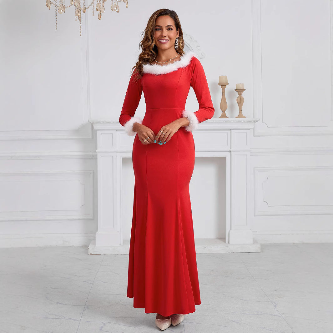 European And American Autumn And Winter New Christmas Evening Dress Plush Slim Fit Patchwork Dress