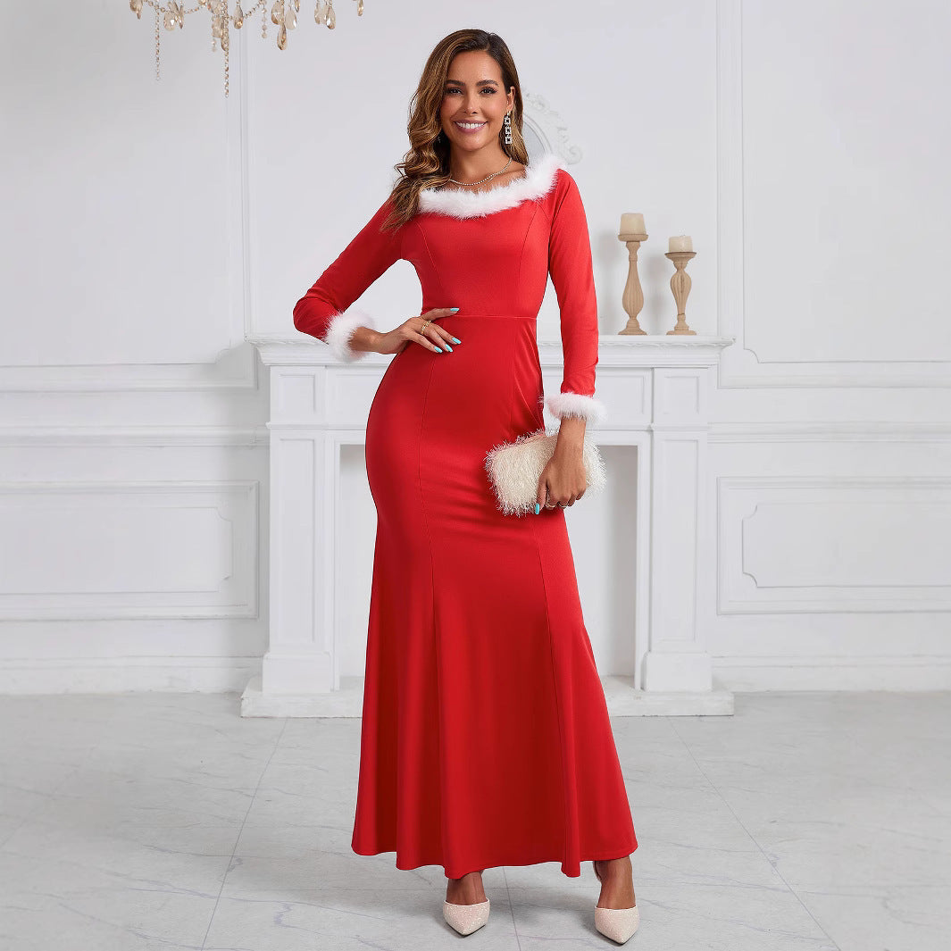 European And American Autumn And Winter New Christmas Evening Dress Plush Slim Fit Patchwork Dress