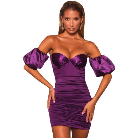 New Product Tube Top Card Shoulder Puff Sleeve Slim Purple Pleated Sexy