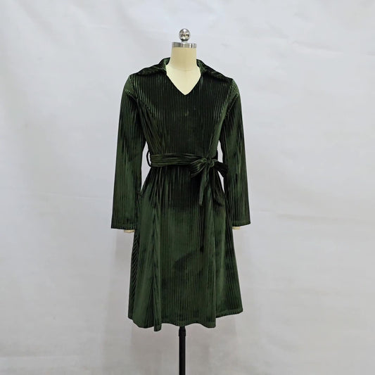 Retro Autumn And Winter Gold Velvet Temperament Long Sleeve Lace-up Waist-controlled Christmas Dress